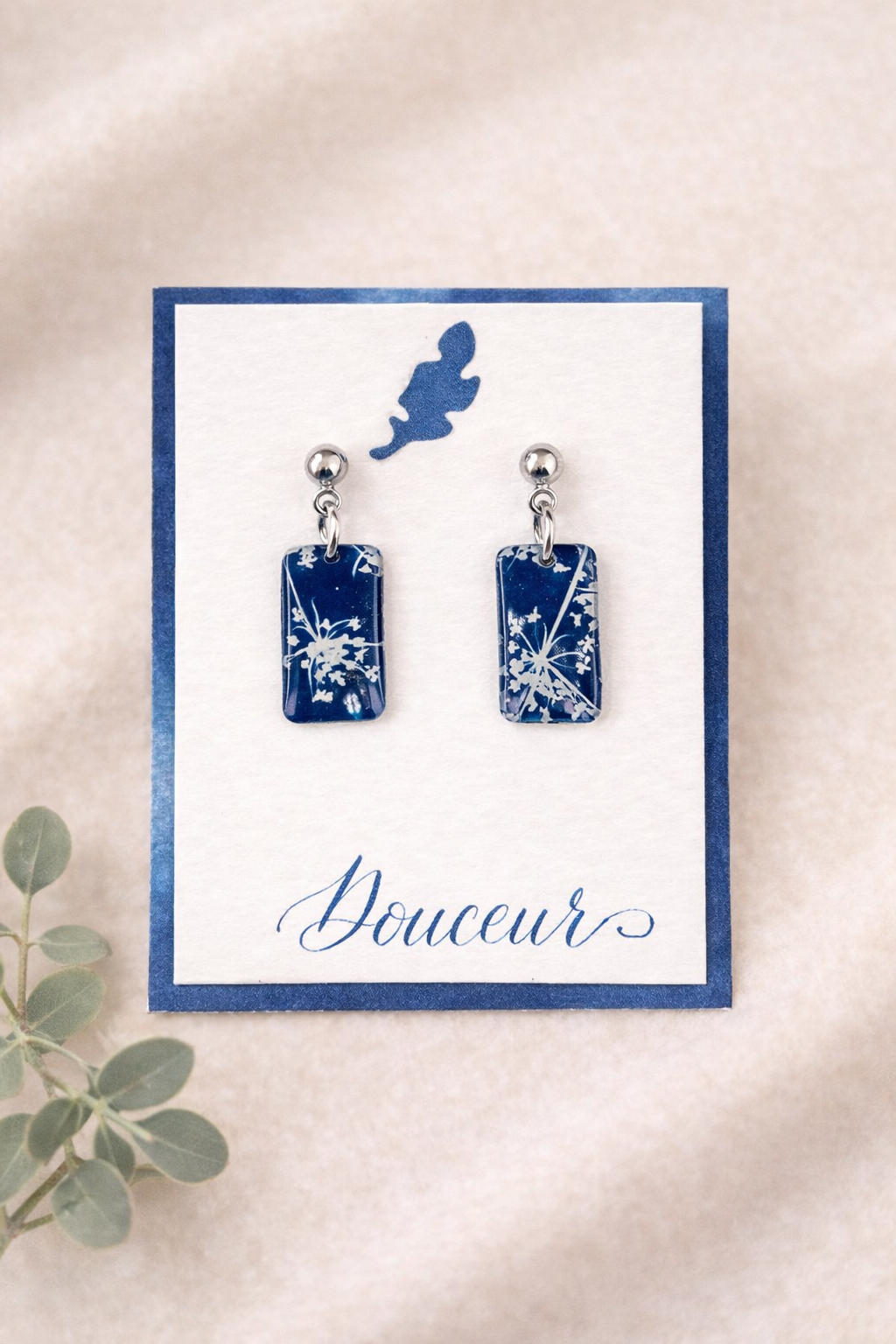 Bijou boucles oreilles Cyanotype rectangle