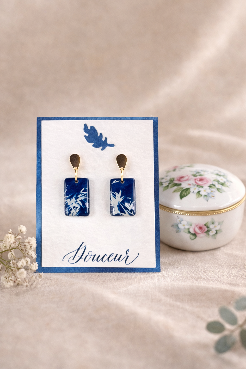 Bijou boucles d’oreilles Cyanotype rectangle « Douceur »
