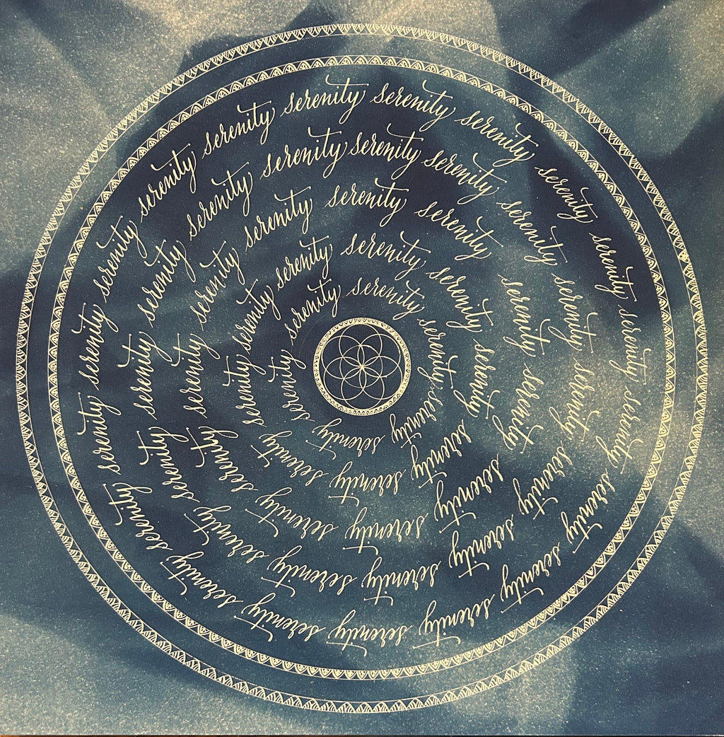 Œuvre d'art originale Serenity – Cyanotype et calligraphie à l'encre