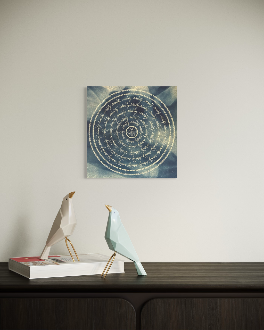Œuvre d'art originale Serenity – Cyanotype et calligraphie à l'encre