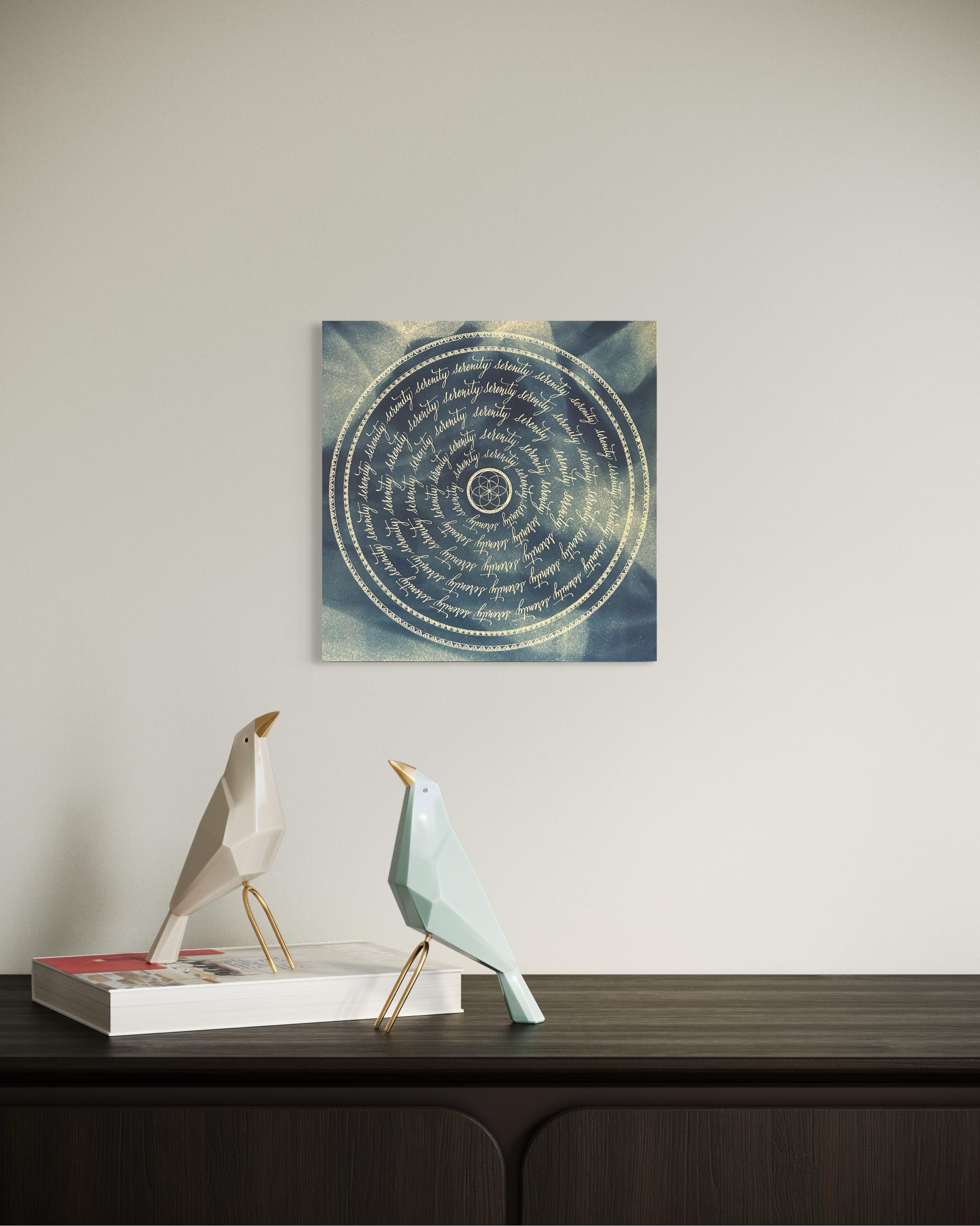 Œuvre d'art originale Serenity – Cyanotype et calligraphie à l'encre