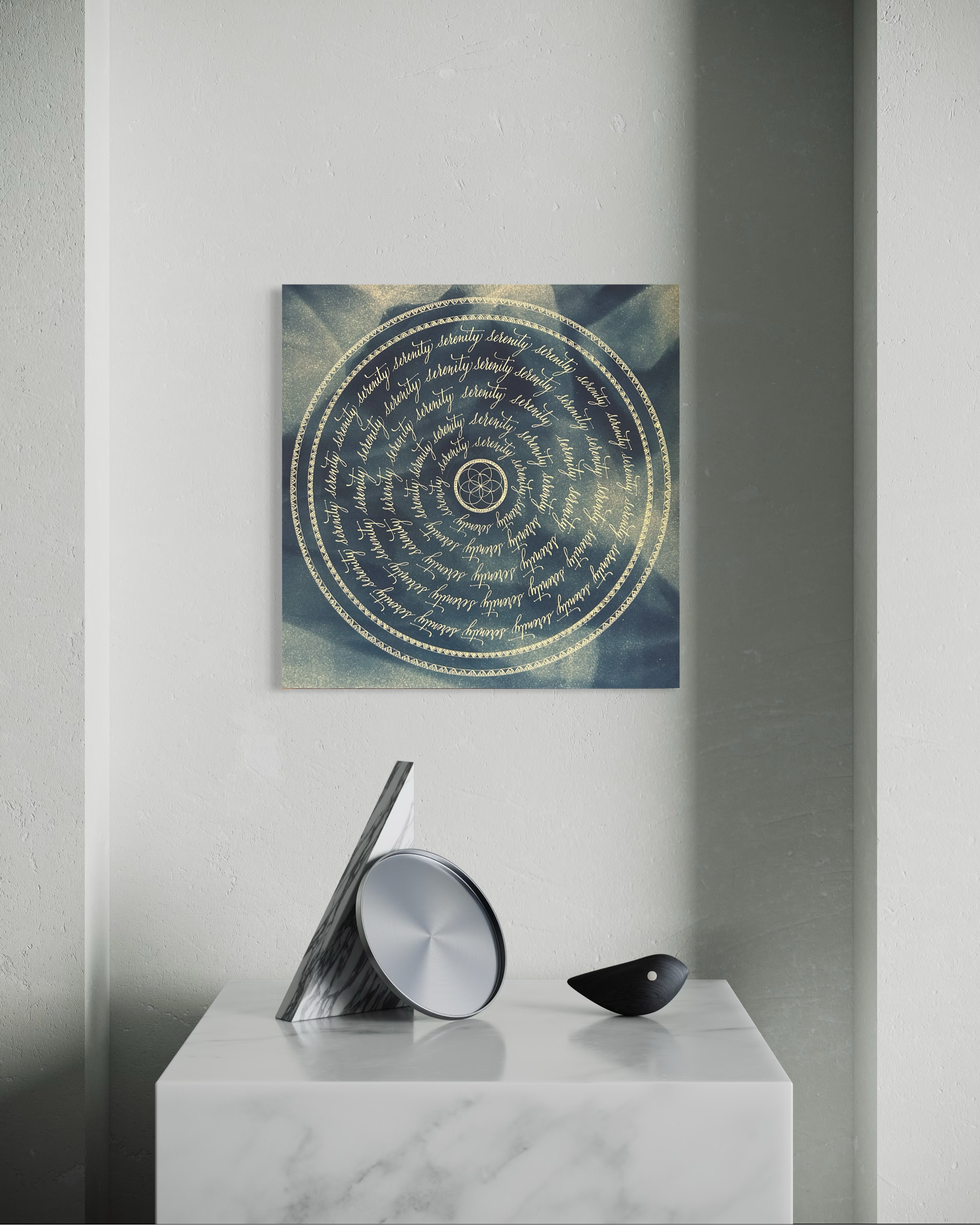 Œuvre d'art originale Serenity – Cyanotype et calligraphie à l'encre