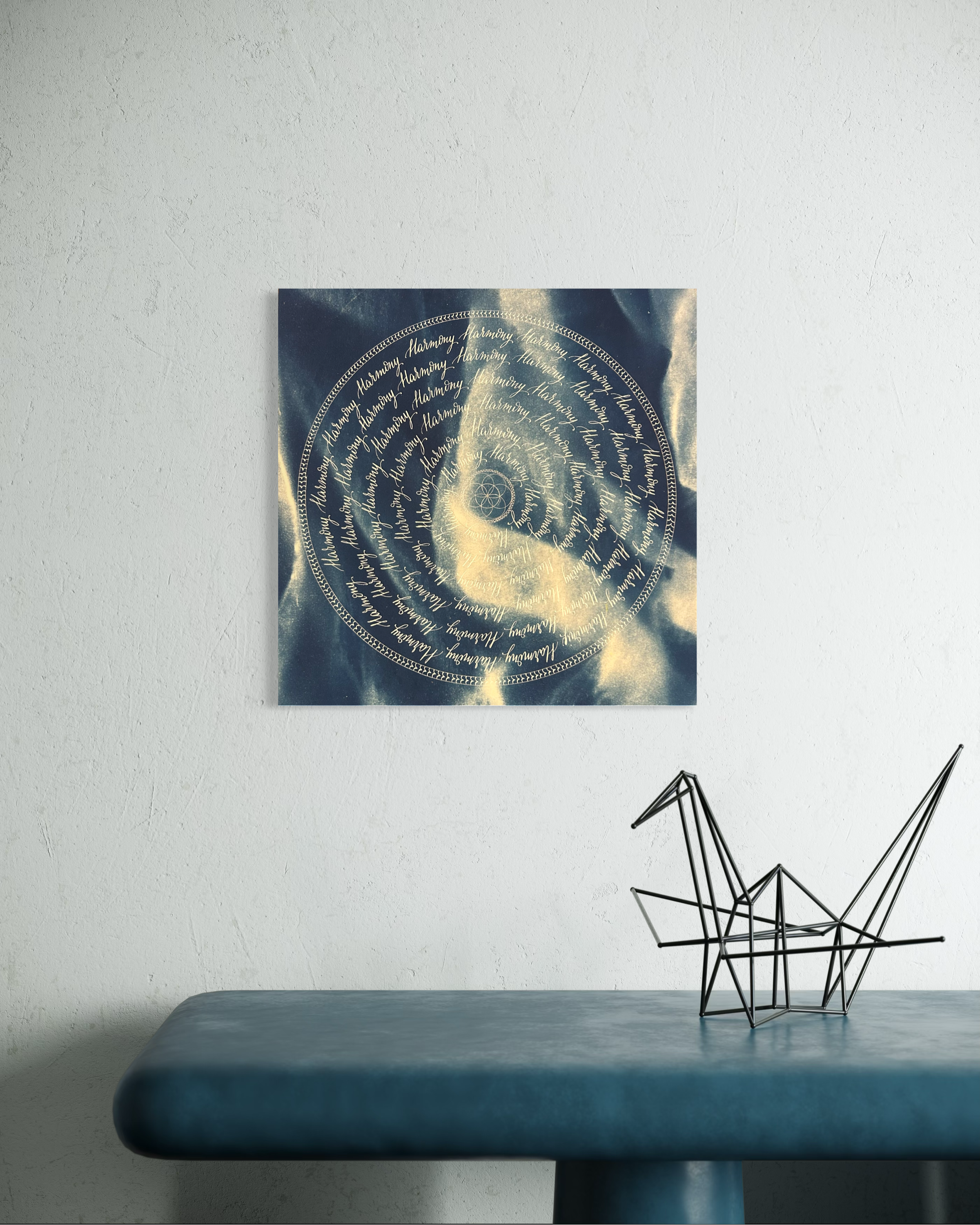 Œuvre d'art originale Harmony – Cyanotype et calligraphie à l'encre