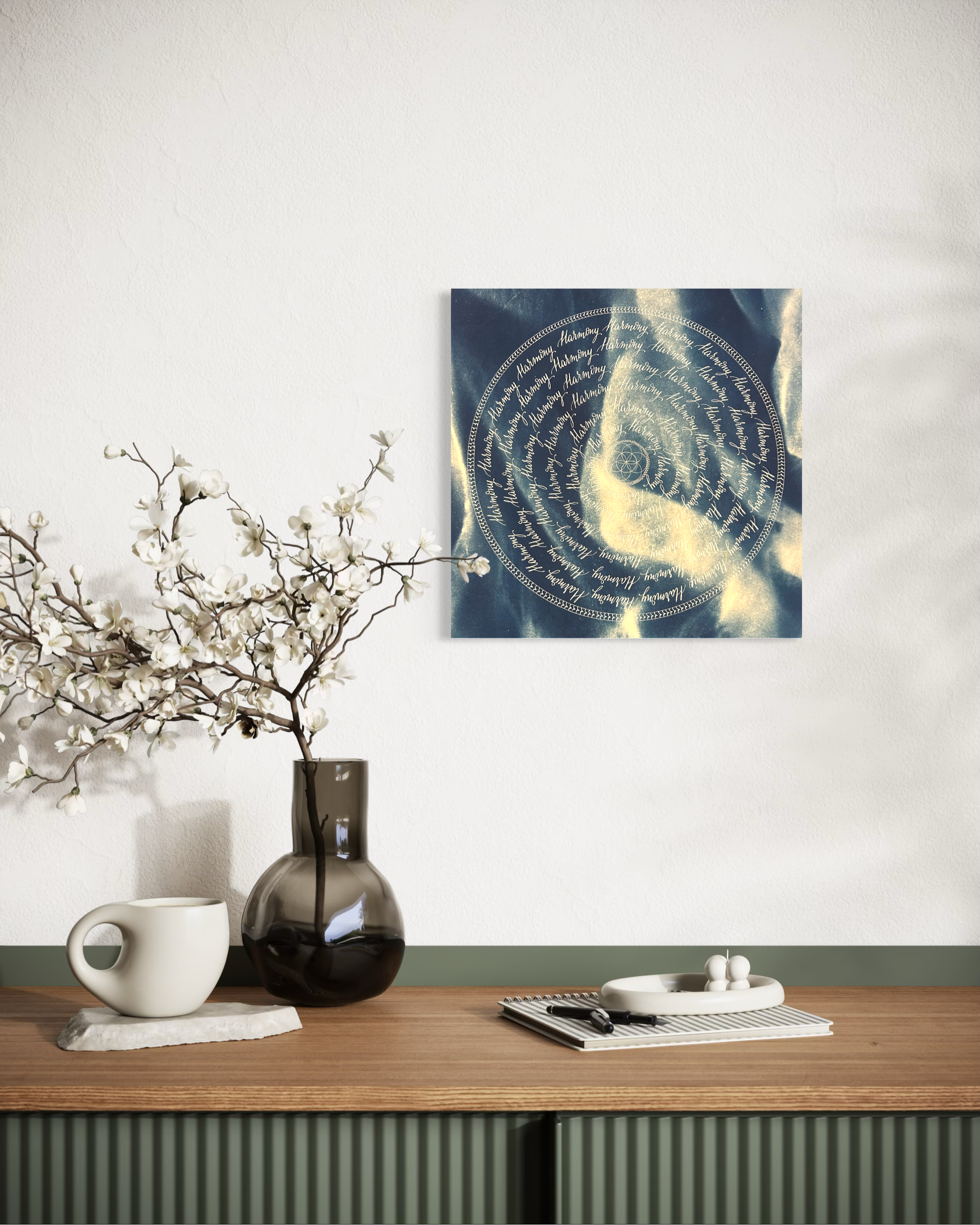 Œuvre d'art originale Harmony – Cyanotype et calligraphie à l'encre
