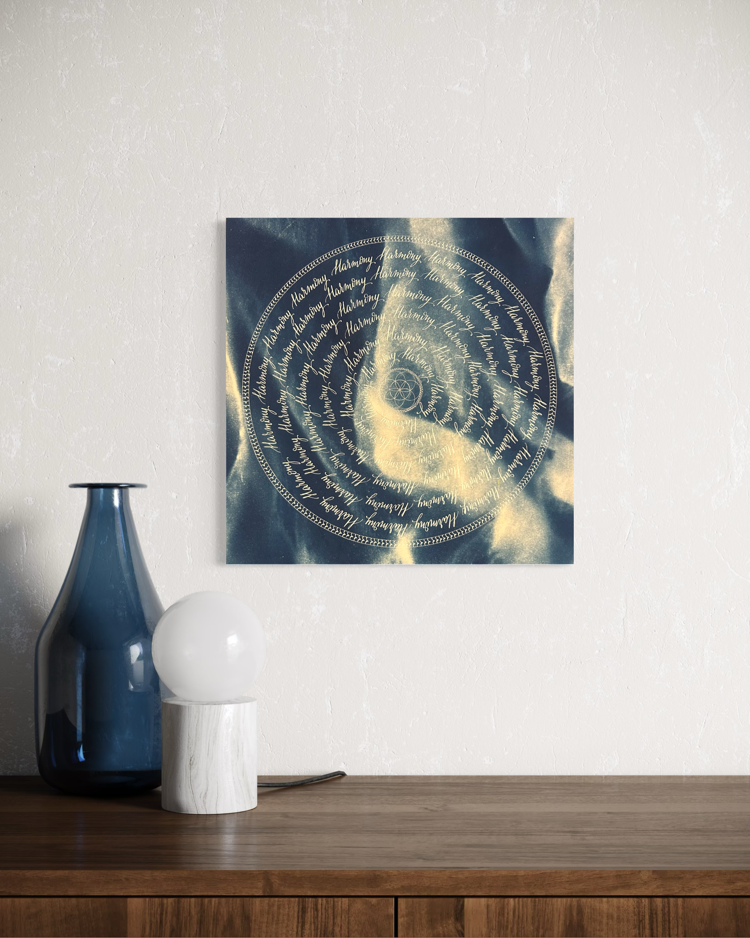 Œuvre d'art originale Harmony – Cyanotype et calligraphie à l'encre