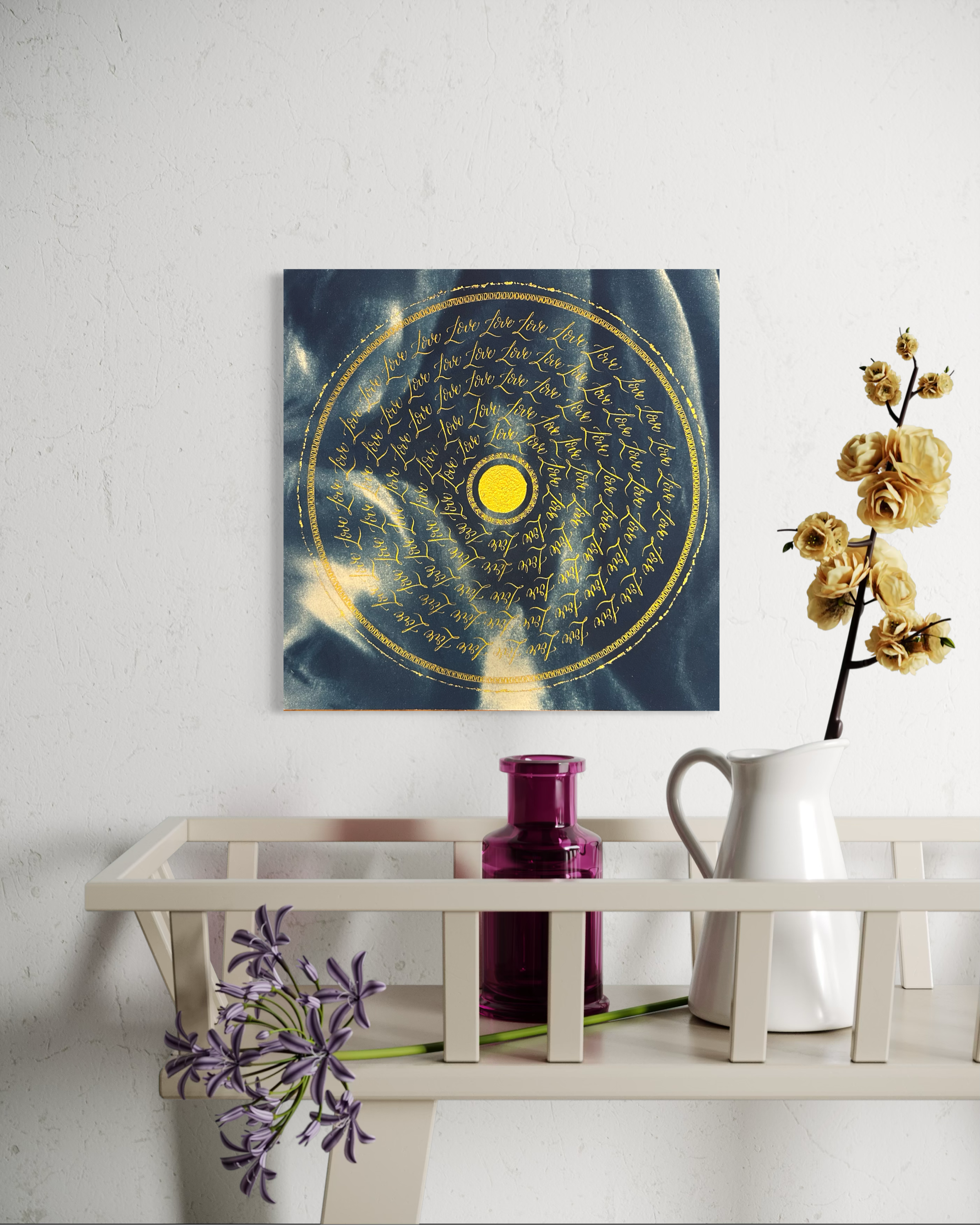 Œuvre d'art originale Love – Cyanotype et calligraphie à l'encre