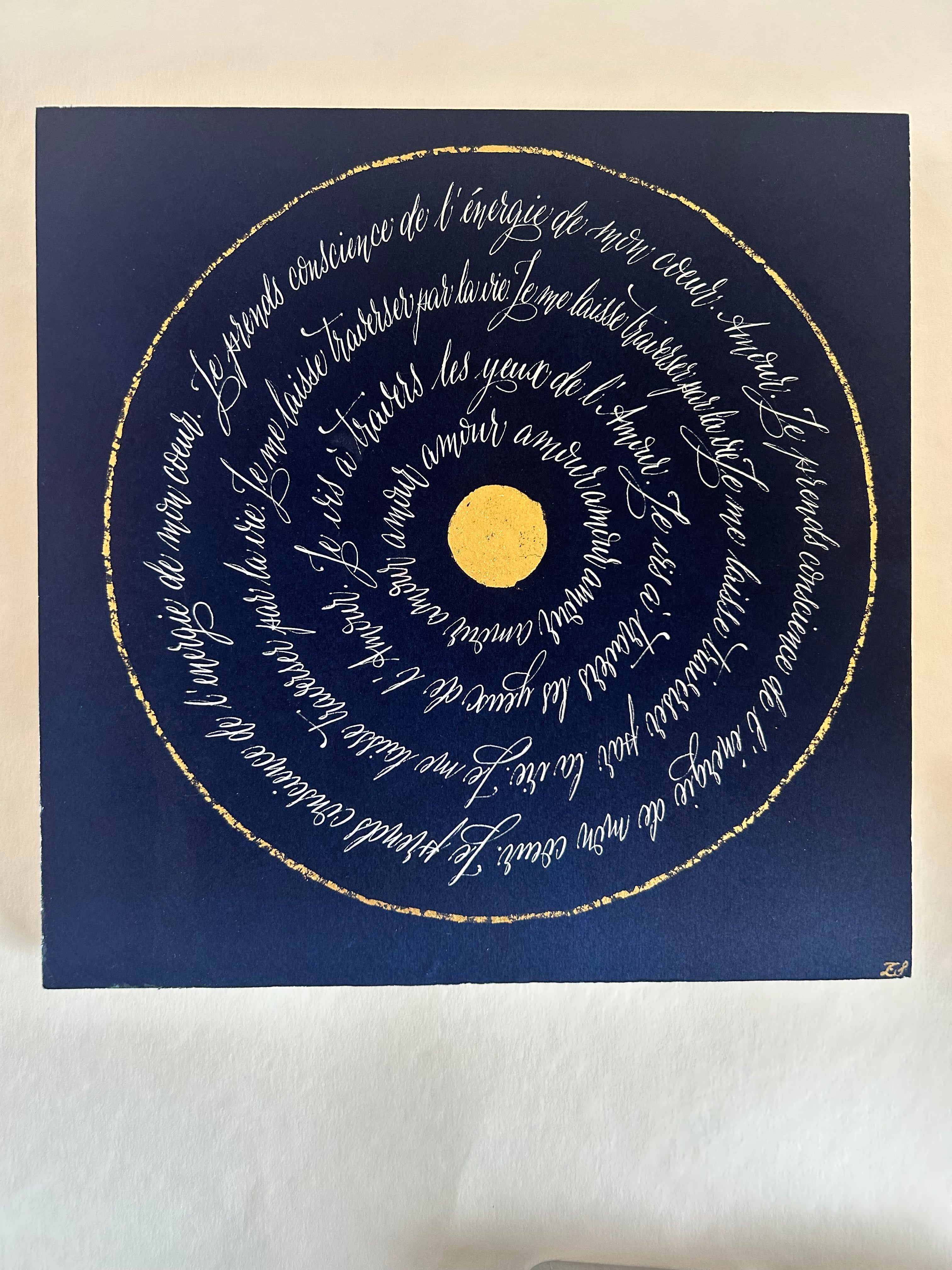 Œuvre d'art originale L’énergie du cœur – Cyanotype et calligraphie à l'encre