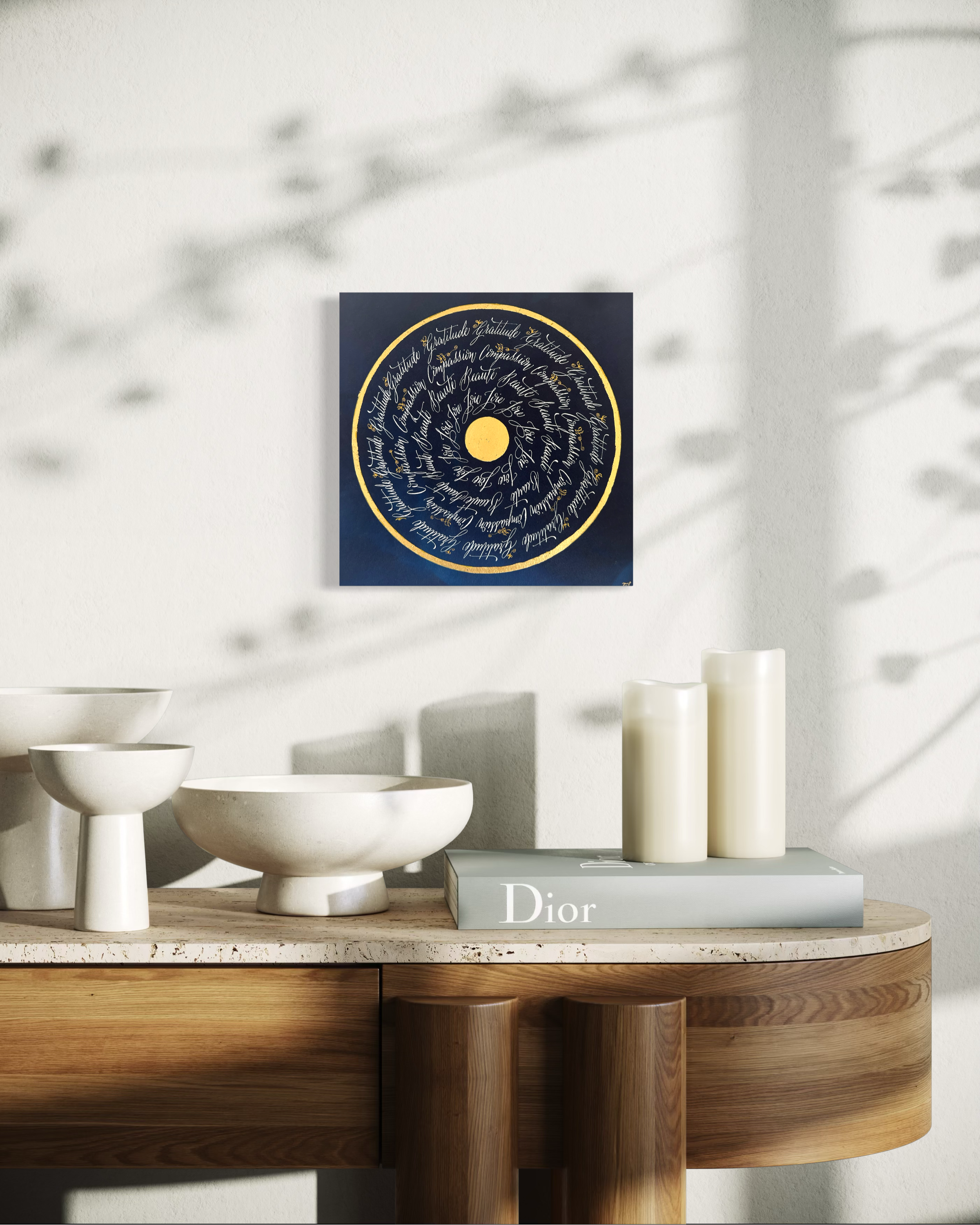 Œuvre d'art originale Puissance des mots – Cyanotype et calligraphie à l'encre