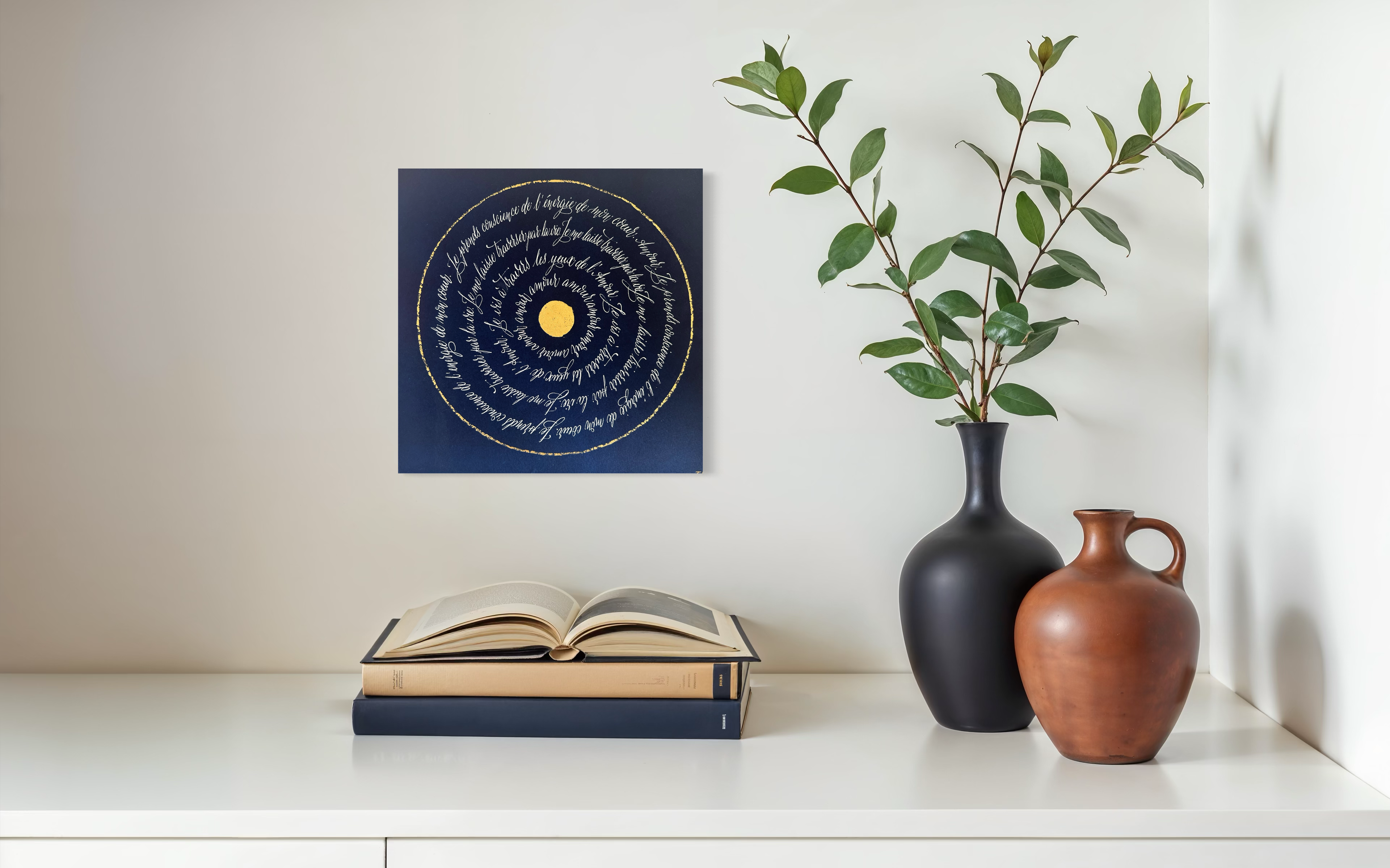 Œuvre d'art originale L’énergie du cœur – Cyanotype et calligraphie à l'encre