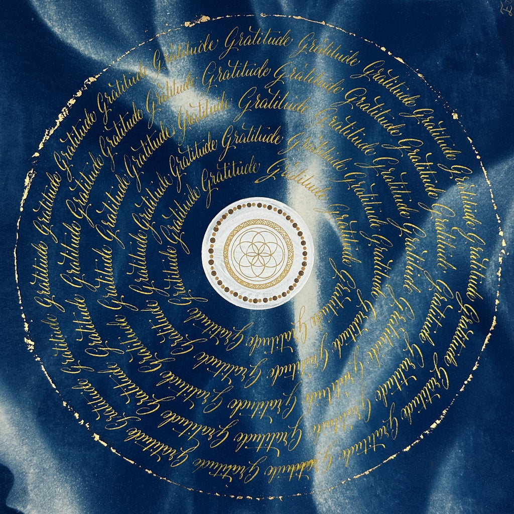 Œuvre d'art originale Gratitude – Cyanotype et calligraphie à l'encre