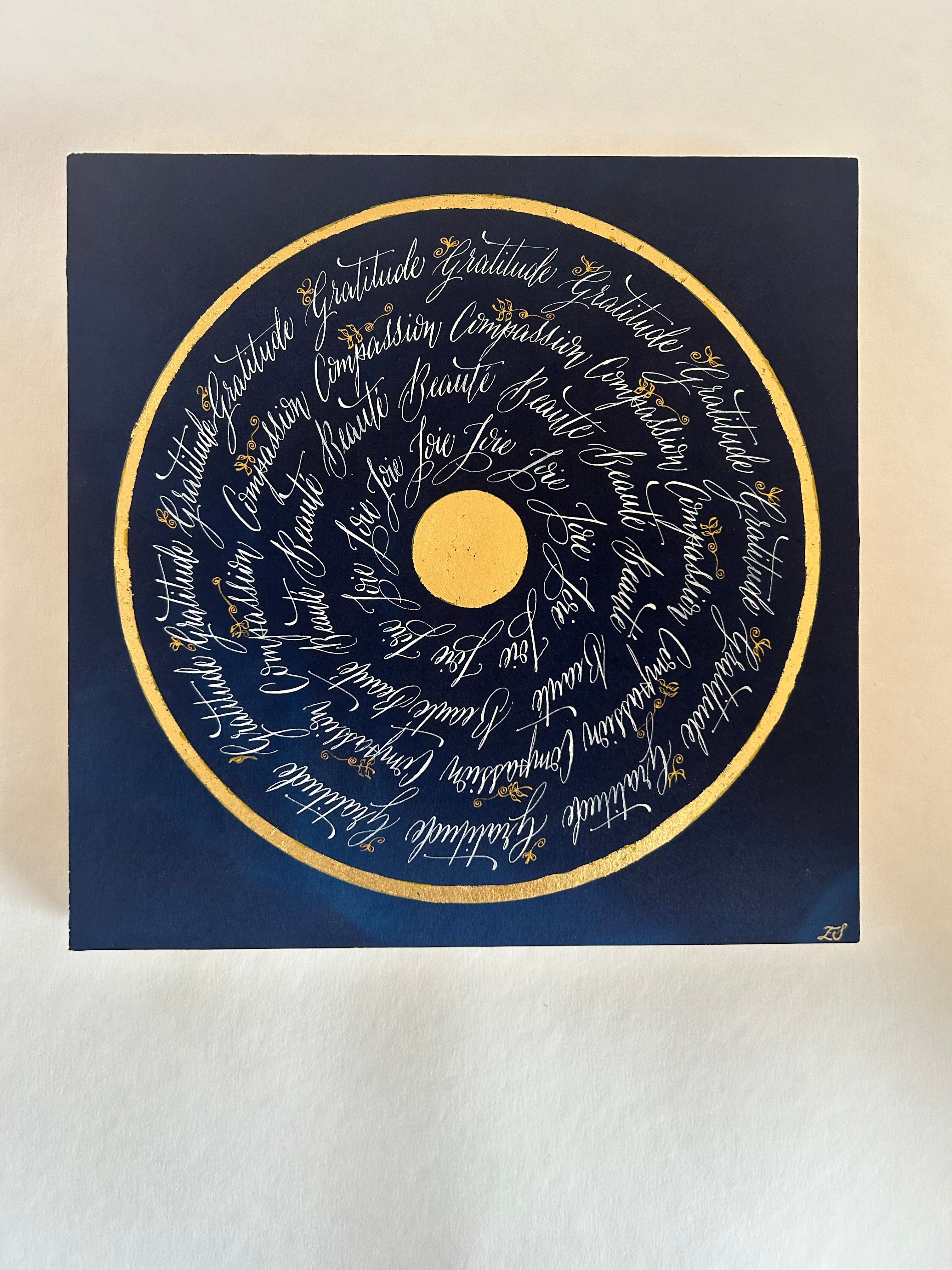oeuvre d'art sur le pouvoir des mots, mandala calligraphié, série pouvoir des mots, oeuvre originale, murmure bleu