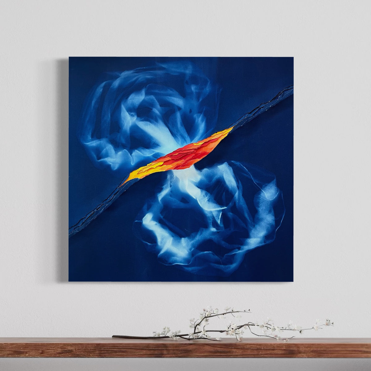 oeuvre intitulée Nouvelle Terre, créée en cyanotypie et pigments, tableau original, murmure bleu