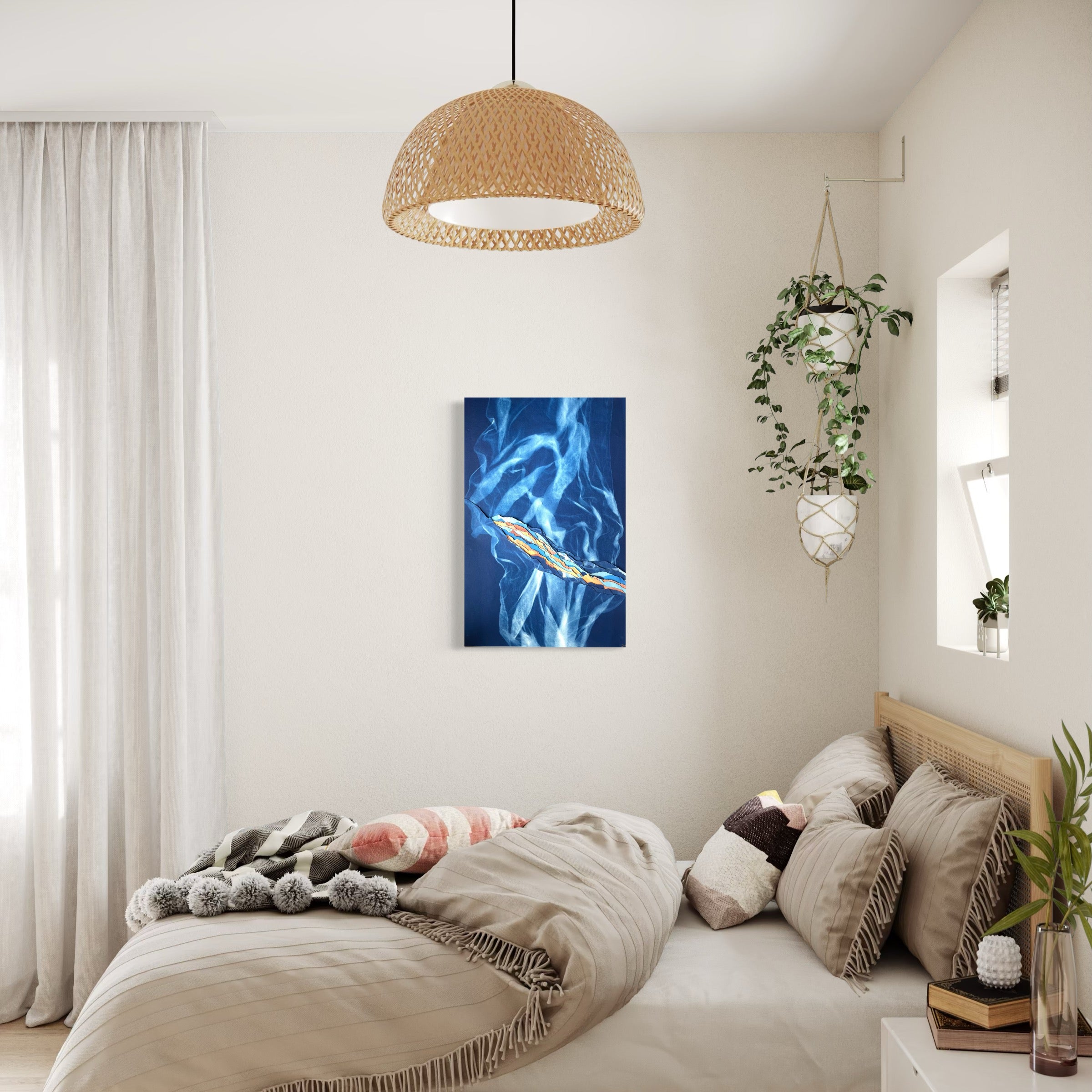 oeuvre d'art en cyanotype, mise en situation dans une chambre, murmure bleu