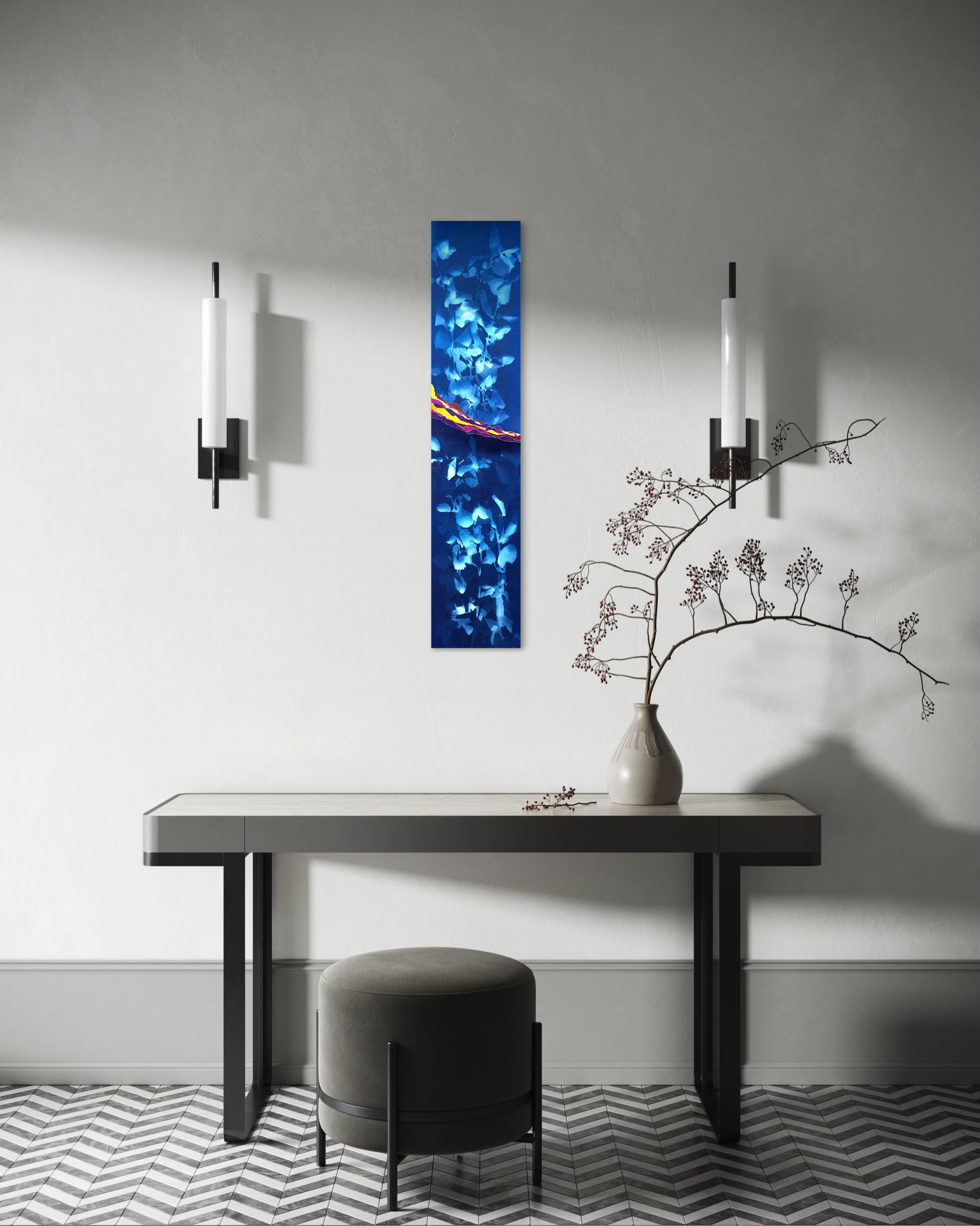 oeuvre d'art originale, cyanotype et pigments, placé dans un bureau, avec certificat d'authenticité