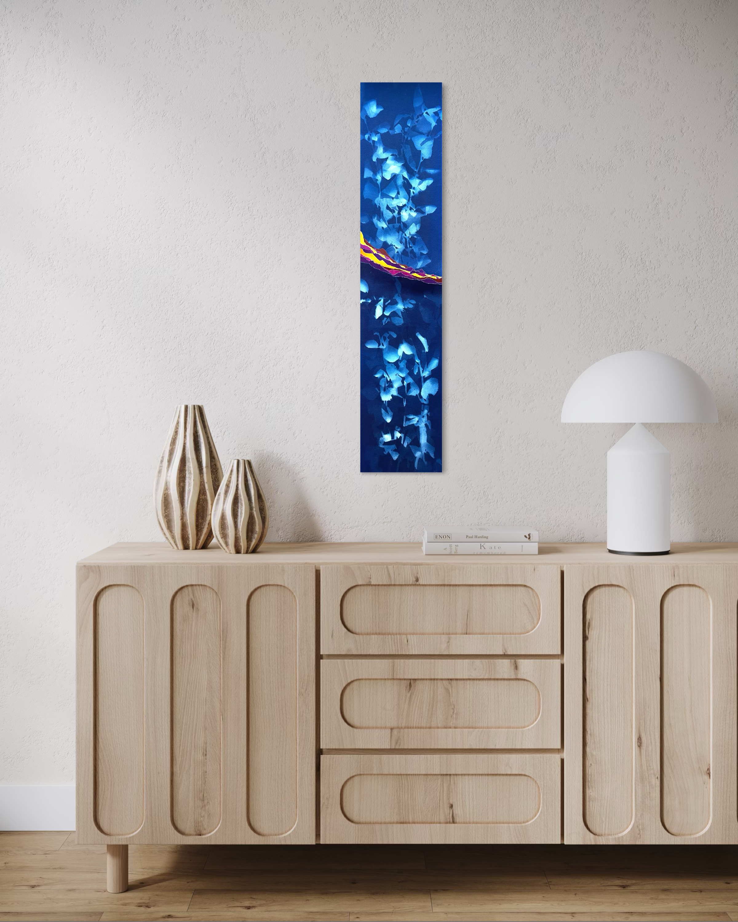 oeuvre d'art originale, accrochée dans l'entrée, cyanotype et pigment, murmure bleu, Emilie Singy